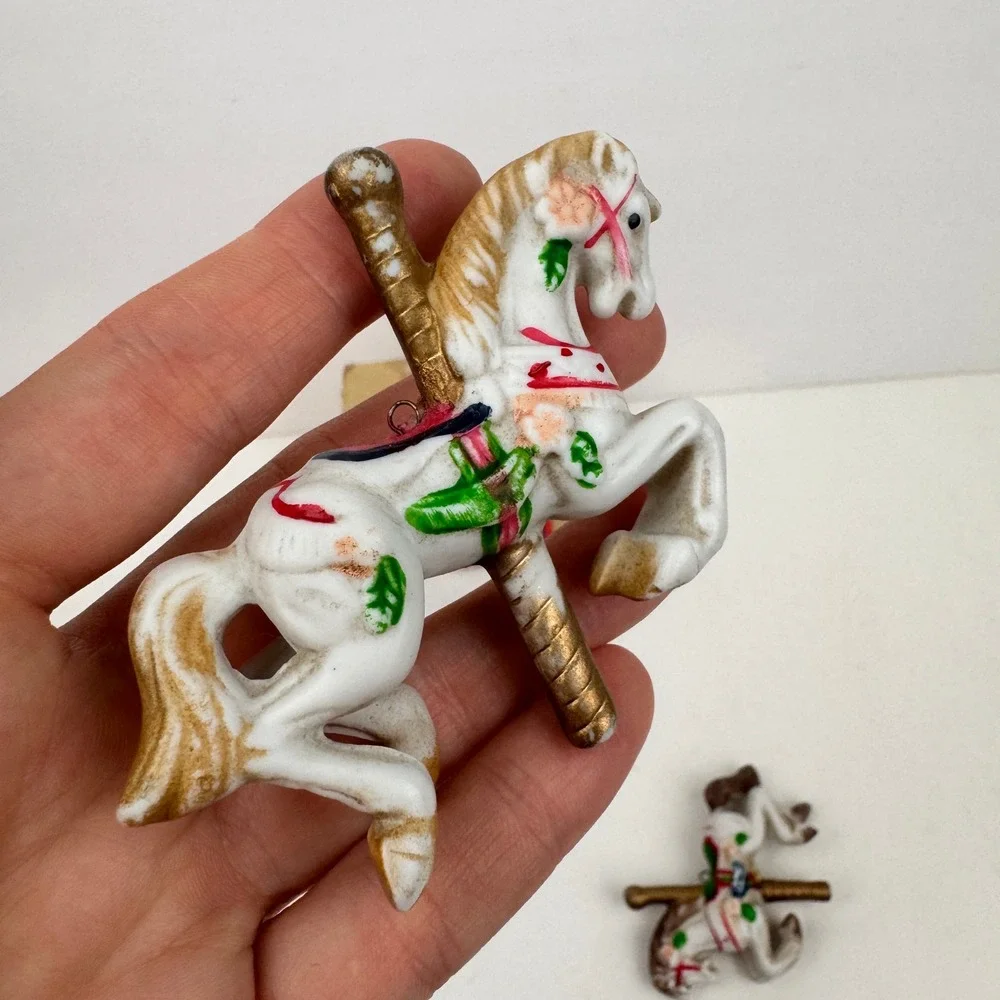 2 Vtg Christmas Around the World Carousel Horse Ornaments Ceramic w Orig Box
